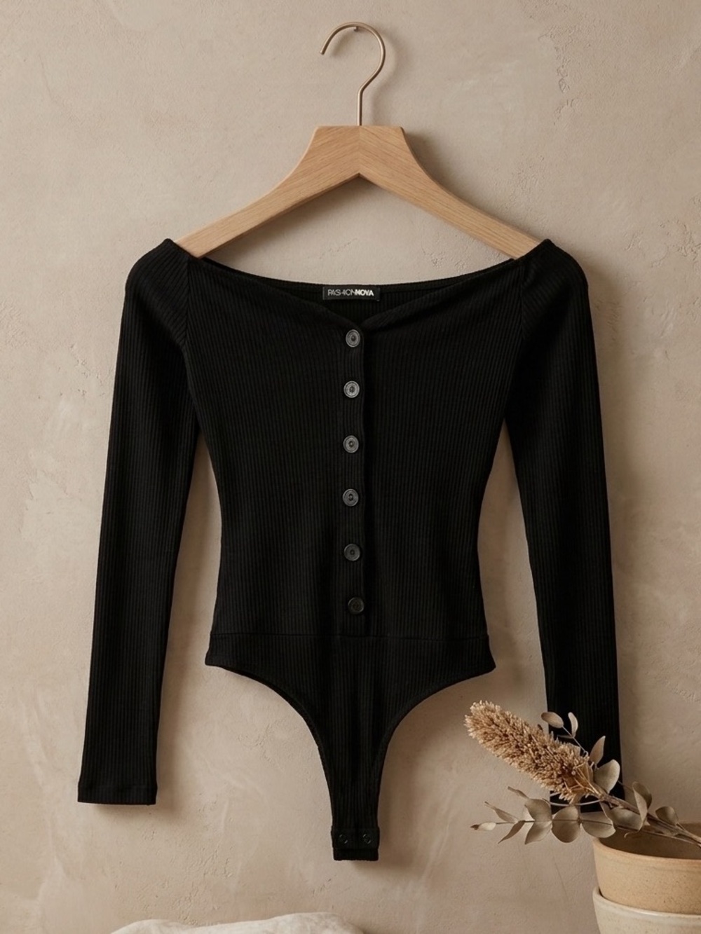 Fashion Nova Black Ribbed Off-Shoulder Button-Front Long Sleeve Bodysuit